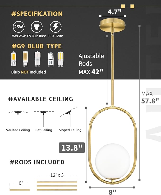 AUTELO Pendant Lights Kitchen Island, 2 Pack Brushed Gold Farmhouse Pendant Lights with Milky White Globe Hanging Lamp, Adjustable Rods for Kitchen Bar Living Room, H9376 MGBG-2PK