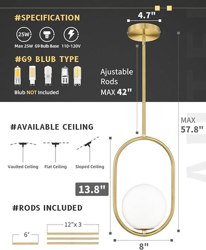 AUTELO Pendant Lights Kitchen Island, 2 Pack Brushed Gold Farmhouse Pendant Lights with Milky White Globe Hanging Lamp, Adjustable Rods for Kitchen Bar Living Room, H9376 MGBG-2PK