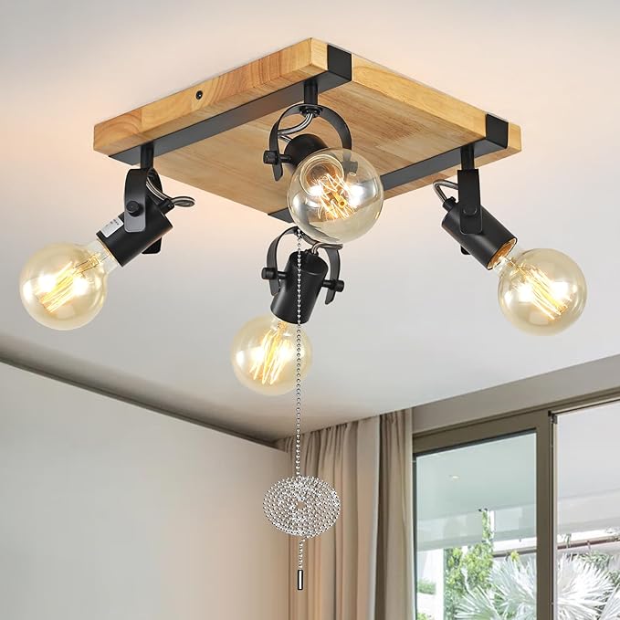 Farmhouse Flush Mount Ceiling Light with Pull Chain,4-Light Directional Ceiling Spotlight Rustic Track Light Kits, Wood Pull String Light Fixtures for Kitchen Bathroom Bedroom Hallway