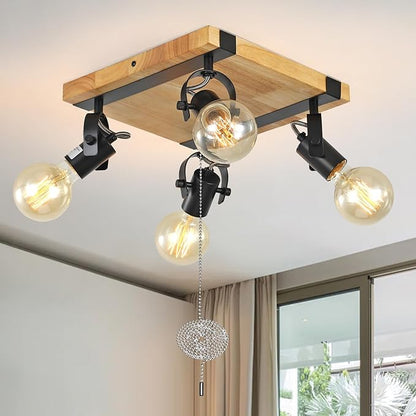 Farmhouse Flush Mount Ceiling Light with Pull Chain,4-Light Directional Ceiling Spotlight Rustic Track Light Kits, Wood Pull String Light Fixtures for Kitchen Bathroom Bedroom Hallway