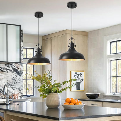 Farmhouse Pendant Lights, 11.4" Black Pendant Lighting for Kitchen Island, 2 Pack Kitchen Island Lighting, Industrial Vintage Hanging Light Fixtures for Barn, Dining Room