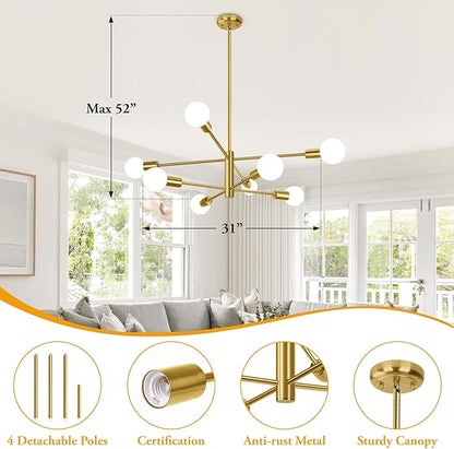 BesLowe 8-Light Modern Sputnik Chandelier, Mid Century Gold Chandeliers Lighting, Farmhouse Ceiling Hanging Light Fixture for Dining Room Bedroom Living Room Kitchen Foyer, Height Adjustable