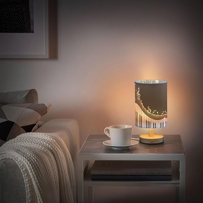 Gold Music Note with Piano Key Musical Instrument on Black Table Lamp with Wood Base Fabric Lamp Shade Bedside Nightstand Desk Lamp for Living Room Bedroom Kids Room Office