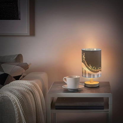 Gold Music Note with Piano Key Musical Instrument on Black Table Lamp with Wood Base Fabric Lamp Shade Bedside Nightstand Desk Lamp for Living Room Bedroom Kids Room Office