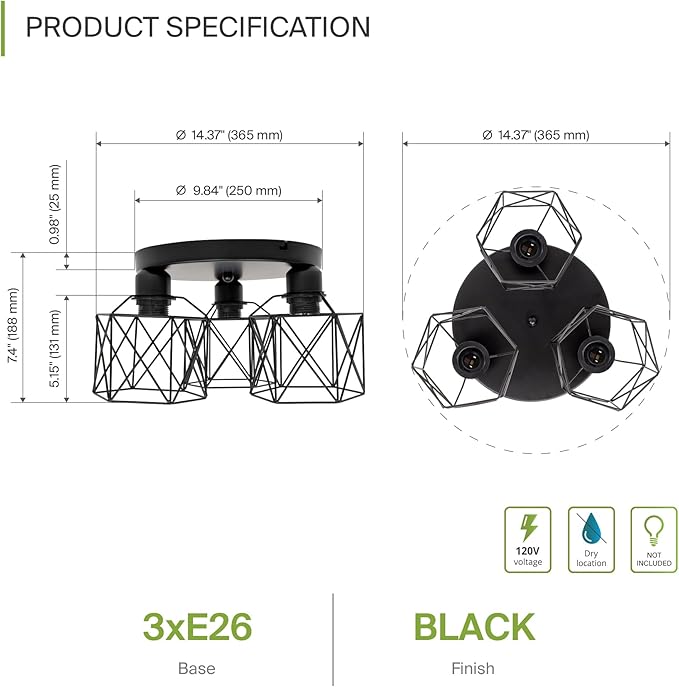 ASD Black Semi Flush Mount Ceiling Light Fixture - 3xE26 120V ETL Modern Light Fixtures Ceiling Mount, Semi Flush Mount Chandelier for Entryway, Bedroom, Foyer Lighting Fixtures