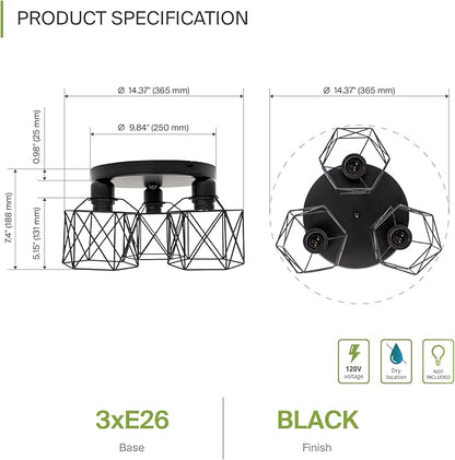 ASD Black Semi Flush Mount Ceiling Light Fixture - 3xE26 120V ETL Modern Light Fixtures Ceiling Mount, Semi Flush Mount Chandelier for Entryway, Bedroom, Foyer Lighting Fixtures