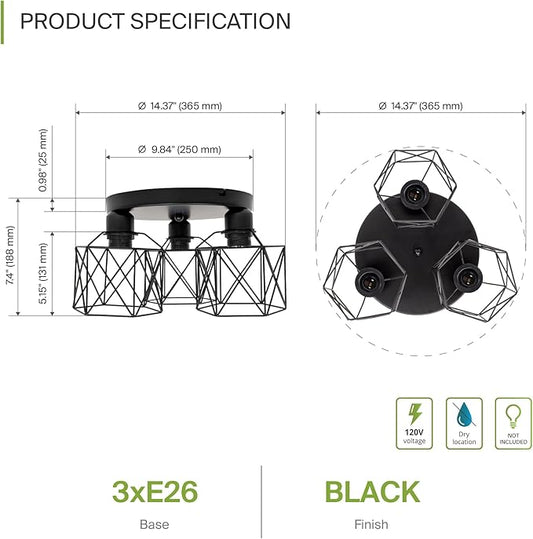 ASD Black Semi Flush Mount Ceiling Light Fixture - 3xE26 120V ETL Modern Light Fixtures Ceiling Mount, Semi Flush Mount Chandelier for Entryway, Bedroom, Foyer Lighting Fixtures