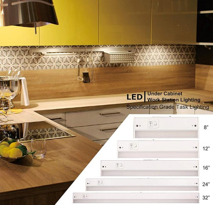 3 Color Level Dimmable LED Under Cabinet Task Lighting with ETL Listed, 3000K/3500K/4000K, Hardwired or Plugged-in, 16 inch 120V 10W 650 Lm, White Finished