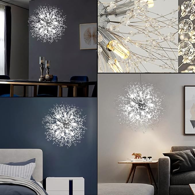 Modern Firework Chrome Crystal Chandeliers, Sputnik Dandelion Chandelier Light Fixture Pendant Lighting for Dining Room, Living Room, Bedroom, Kitchen, Restaurant- 12 Lights