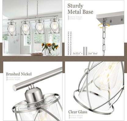 4-Light Kitchen Island Lighting, Modern Brushed Nickel Dining Room Light Fixtures with Clear Glass, Farmhouse Industrial Linear Chandelier Pendant Light with Adjustable Chain, CH9176BN-4IS