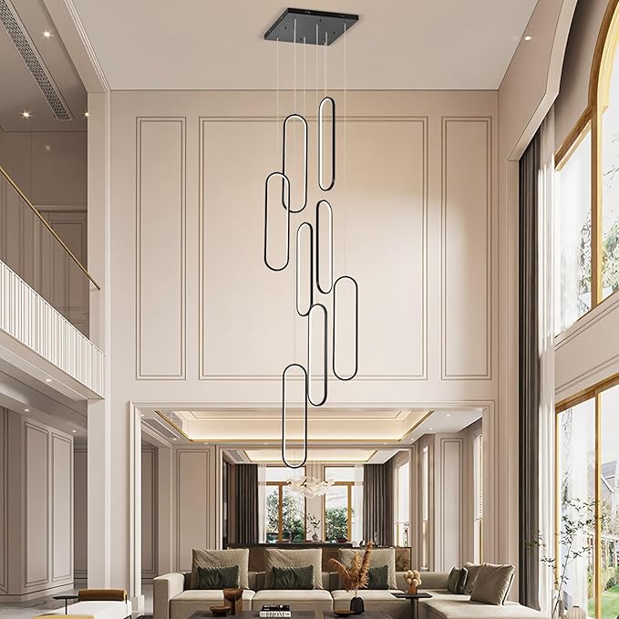 GEADI Modern Led High Ceiling Chandelier with Remote, Dimmable Foyer Chandeliers for High Ceilings, Black Large Staircase Pendant Light Fixture for Entryway(8 Lights,3000-6500K