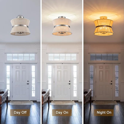 Brushed Nickel Semi Flush Mount Ceiling Light Fixture 12.6” Modern Drum Bedroom Ceiling Lighting 3-Light Beige Close to Ceiling Lamp for Kitchen Living Dining Room Hallway Bathroom Entryway Foyer