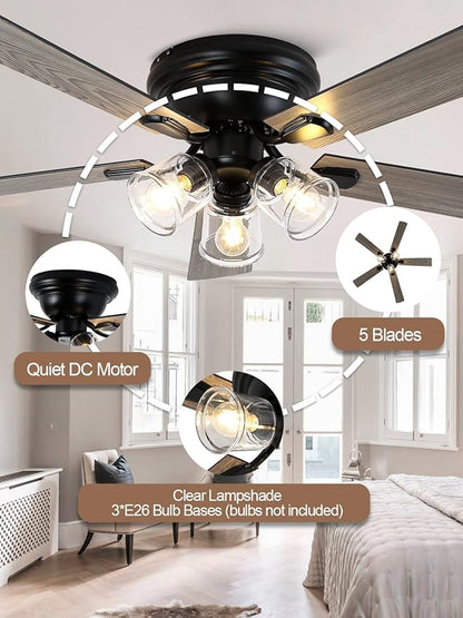 52 Inch Flush Mount Vintage Ceiling Fan with Lights and Remote, Farmhouse Rustic Ceiling Fan Antique Fandelier Chandelier for Bedroom Living Room Low Profile, 3 E26 Bulbs (Not Included)
