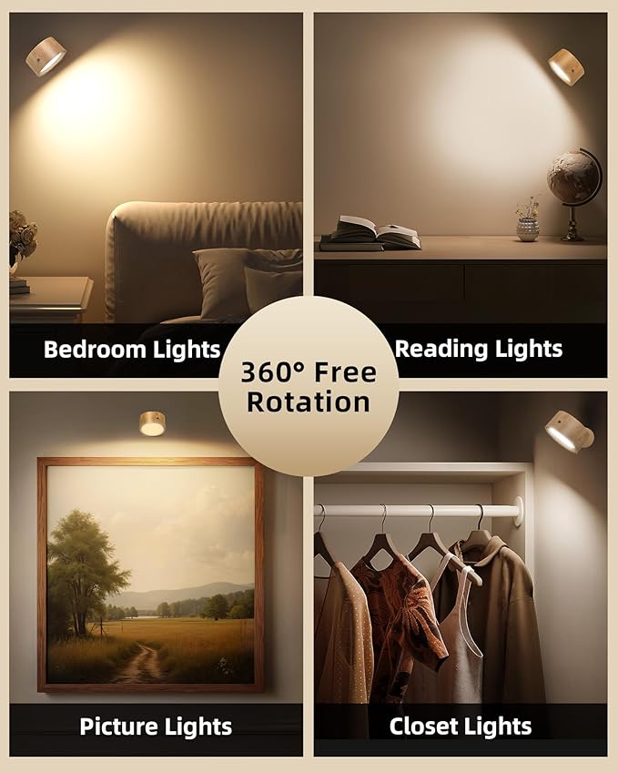 LED Wall Mounted Lights, Rechargeable Wall Sconces Lamp, 3 Color Temps & Remote and Touch, 360°Rotation Dimmable Cordless Wall Light for Study Bedroom Reading Bedside(Wood, 2 Pack)