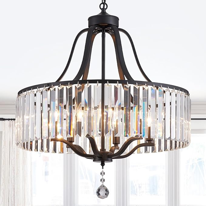Modern Crystal Chandeliers Round 6-Light Large Black Pendant Lighting Fixture for Dining Room Living Room Kitchen Island Bedroom Hallway Hall Foyer 21.7" Adjustable Height Hanging Lamp