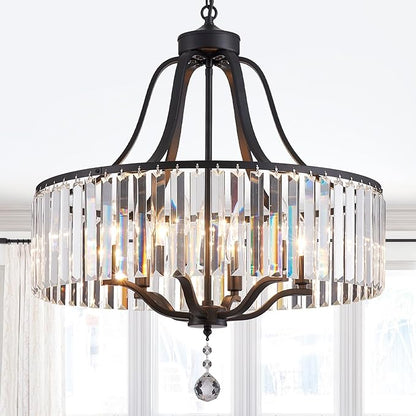 Modern Crystal Chandeliers Round 6-Light Large Black Pendant Lighting Fixture for Dining Room Living Room Kitchen Island Bedroom Hallway Hall Foyer 21.7" Adjustable Height Hanging Lamp