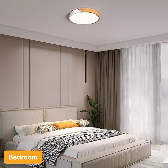 Modern LED Ceiling Light, Minimalist Wood Style Flush Mount Ceiling Light Fixture, Circle Lighting Lamp with Acrylic Lampshade for Bedroom Living Room Dining Room Laundry (White, 11.8'')