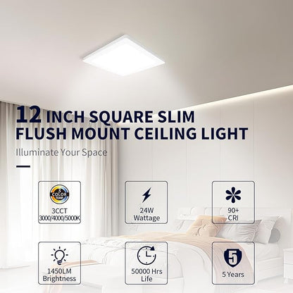 mw 4 Pack 12 Inch Square Ceiling Light, 24W 120V, 3000K/4000K/5000K, Dimmable Slim LED Ceiling Light, Ceiling Light Fixtures for Bedroom, Kitchen, Hallway, Laundry, ETL Listed, Each Side is 11.38"