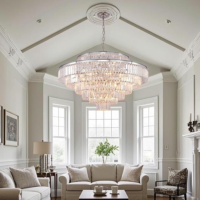 Large Crystal Chandelier Luxury Pendant Ceiling Lights Fixture Hanging Raindrop Pendant Light Fixture for Dining Room Bedroom Living Room-Chrome, 39 Inch