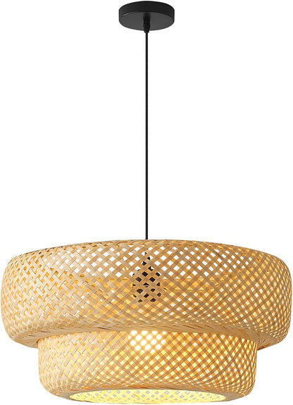Boho Bamboo Pendant Light 17.72" Beige Wicker Chandelier Handmade Rattan Dining Room Lights Farmhouse Hanging Lighting Fixture for Kitchen Island Bedroom Living Room Hallway Coffee Restaurant
