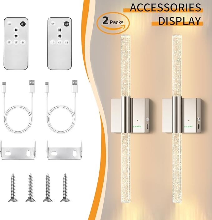 Battery Operated Wireless Wall Sconces Set of Two, Rechargeable Nickel Wall Lighting with No Wiring, Extra Large Dimmable Modern LED Lantern for Indoor Corridor, Entrance Hall (28"-2 Pack)