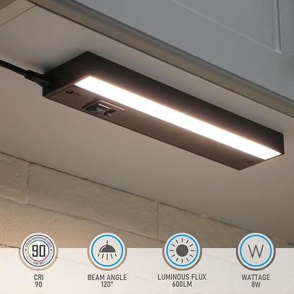 TORCHSTAR LED Under Cabinet Lighting 5CCT, 12 Inch 8W 600LM, Hardwired & Plug-in, 5 Color Selectable CRI90 120V ETL T24 Dimmable Under Counter Lights for Kitchen, Bronze Aluminum Housing, 2 Pack