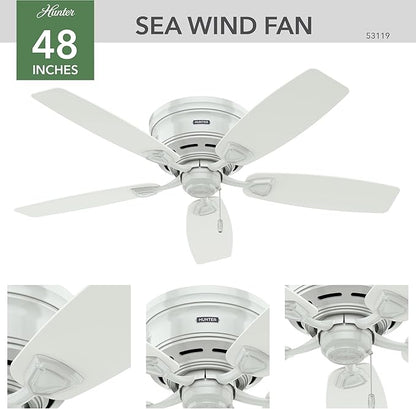 Hunter 48 inch Outdoor or Indoor Ceiling Fan No Light - Low Profile Flush Mount, White Ceiling Fan without Light, For Patio, Porch, Garage, or Living Room, 5 Blades, Pull Chain - Sea Wind 53119, White