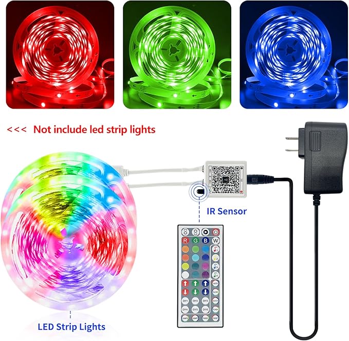 KEXU 44 Key RGB LED Strip Lights IR Remote Control,Remote Receiver for RGB LED Light Strip, 24V Power Adapter for LED Lights for Bedroom