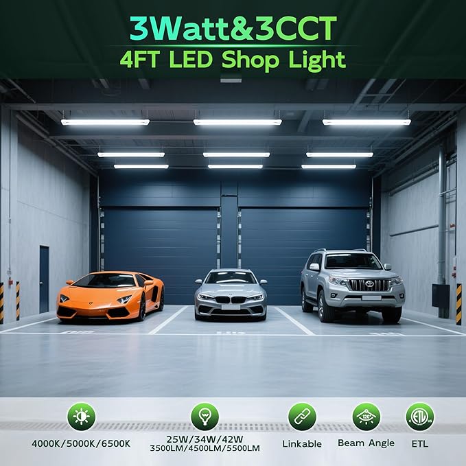 Hlite 4FT LED Shop Lights 5500LM - 3CCT Selectable 4000K/5000K/6500K, Adjustable Wattage 25W 34W 42W, Linkable Utility Light Fixture for Garage Ceiling Workshop,6 Pack
