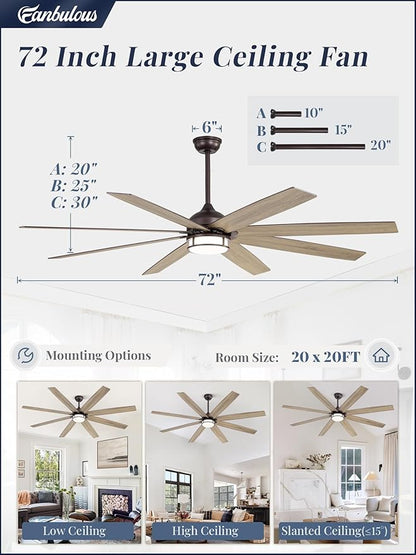 Fanbulous 72 Inch Ceiling Fans with Lights, Large Farmhouse Ceiling Fans with Remote, Oil Bronze Ceiling Fan Fixtures with Bright LED Light for Living Room, Bedroom, Kitchen