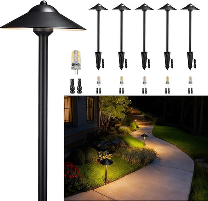 Gardenreet Brass Low Voltage Pathway Lights (9" Shade, 23.5" Tall) - Black 12V Path Light Waterproof, Wired Outdoor LED Landscape Area Lighting for Garden Walkway with 3W 270LM 2700K G4 Bulb (6 Pack)