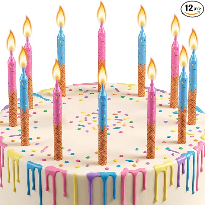 Conelist 12 Pcs Ice Cream Themed Birthday Candles Pink Blue Birthday Decorations Cartoon Movie Cake Toppers for Ice Cream Themed Party Supplies