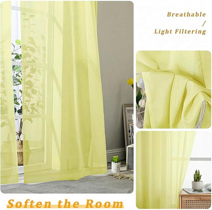 Gwine Short Kitchen Sheer Curtains 36 Inch Length - Light Filtering Voile Small Half Window Curtain for Basement, Rod Pocket Cafe Curtains for Bathroom Cabinet, 42Wx36L Inch, 2 Panels, Lemon