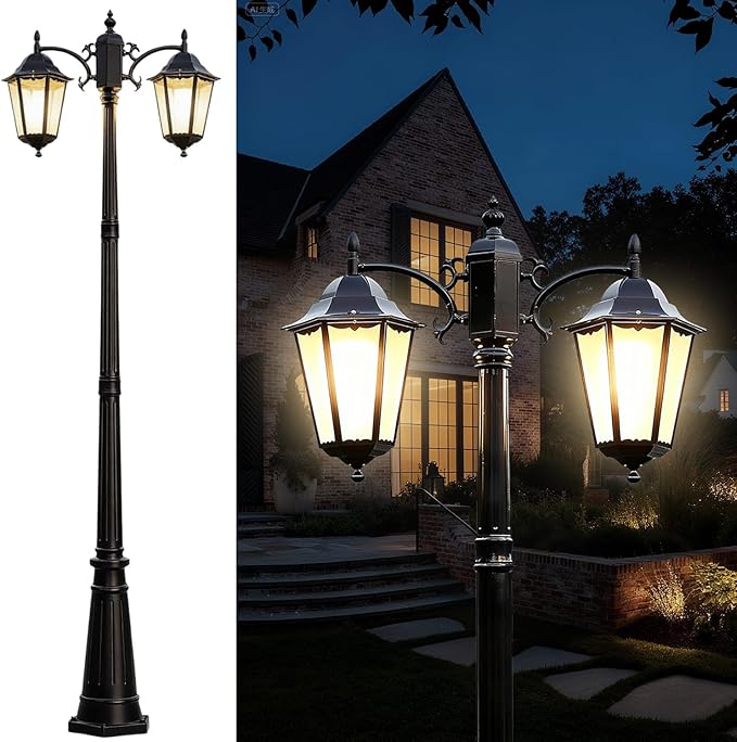 2-Head Outdoor Lamp Post Lights 94″ IP65 Waterproof Outside Black Street Light Pole with Clear Glass Shade Die-cast Aluminum Retro Pole Lights for Yard Garden Patio Path Driveway