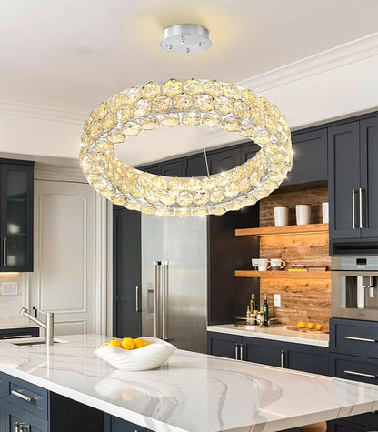 Modern Crystal Chandelier Ring Chandeliers for Dining Room Living Room Round LED Dimmable Ceiling Light Fixture for Bedroom Hallway Foyer Silver