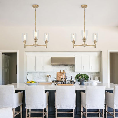 3 Light Farmhouse Chandelier | Rustic Chandeliers for Dining Room Light Fixtures | Fake Wood Hanging Lighting with Clear Glass Cover for Kitchen Island | Entryway | Bathroom | Corridor | Hallway