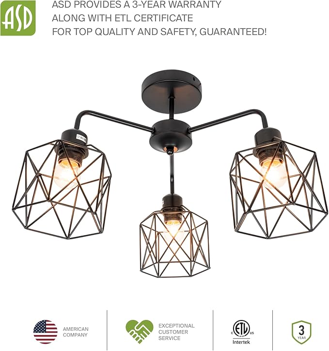 ASD Black Chandelier Semi Flush Mount Ceiling Light Fixture- 3xE26 120V ETL Modern Light Fixtures Ceiling Mount, Semi Flush Mount Chandelier for Entryway, Bedroom, Foyer Lighting Fixtures