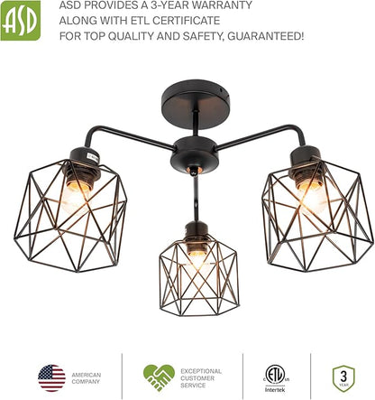 ASD Black Chandelier Semi Flush Mount Ceiling Light Fixture- 3xE26 120V ETL Modern Light Fixtures Ceiling Mount, Semi Flush Mount Chandelier for Entryway, Bedroom, Foyer Lighting Fixtures