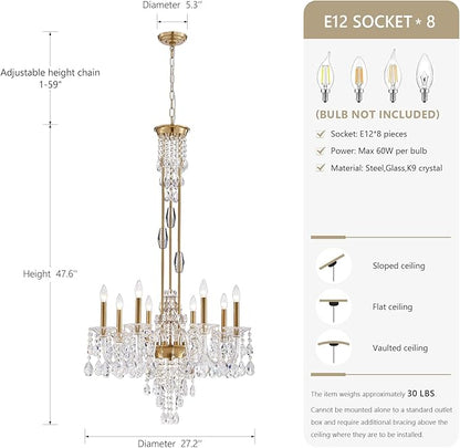 8-Light Crystal Candle Chandelier, Brass Gold Chandelier for Dining Room, Entryway & Living Room, Adjustable Height, E12 Base