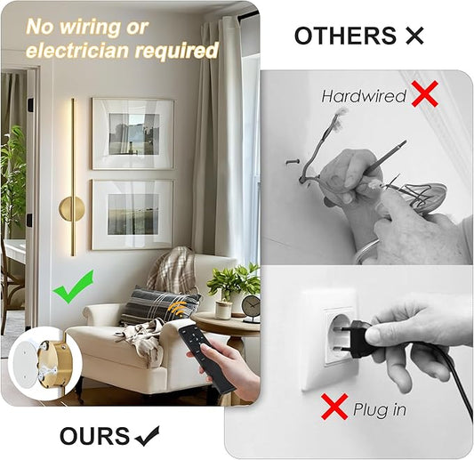 Battery Operated Modern Wall Sconces Set of Two,Rechargeable Wireless Wall Lights with Remote Control,Dimmable,3CCT,Timer,360°Rotation,Cordless Lighting for Bedroom,Living Room,Hallway,Brass,23.6 Inch