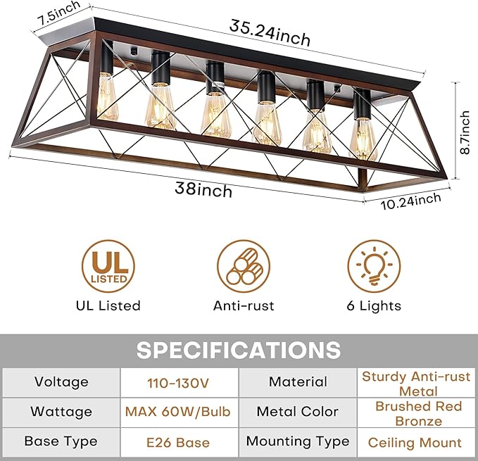 38" Large Brushed Bronze Flush Mount Ceiling Light Fixture, 6-Light Vintage Industrial Cage Chandelier for Dining Room Kitchen Island Living Room Hallway Entryway, Farmhouse Close to Ceiling Lighting