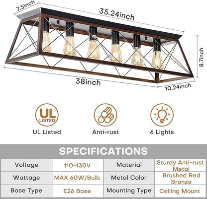 38" Large Brushed Bronze Flush Mount Ceiling Light Fixture, 6-Light Vintage Industrial Cage Chandelier for Dining Room Kitchen Island Living Room Hallway Entryway, Farmhouse Close to Ceiling Lighting