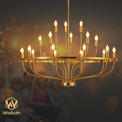 39.4" Modern Gold Chandelier Vintage 18-Lights Mid Century Modern Candle Style Chandeliers Light Fixture Large Rustic Golden Chandelier for Dining Room, Kitchen Island, Living Room, E12