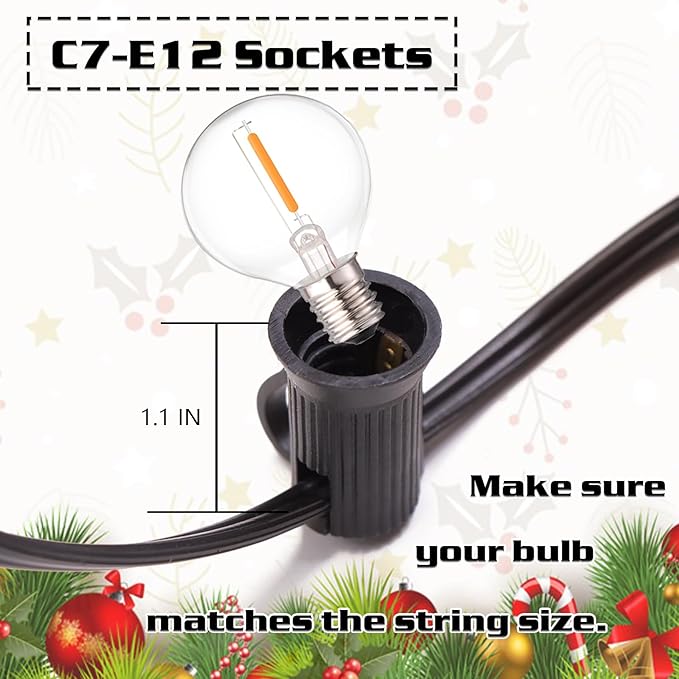 C7 Black Light String 50FT with E12 Christmas Light Sockets, 12" Spacing, C7 Outdoor Christmas Stringer Set String Lights for Wedding Patio Event Lighting Decor