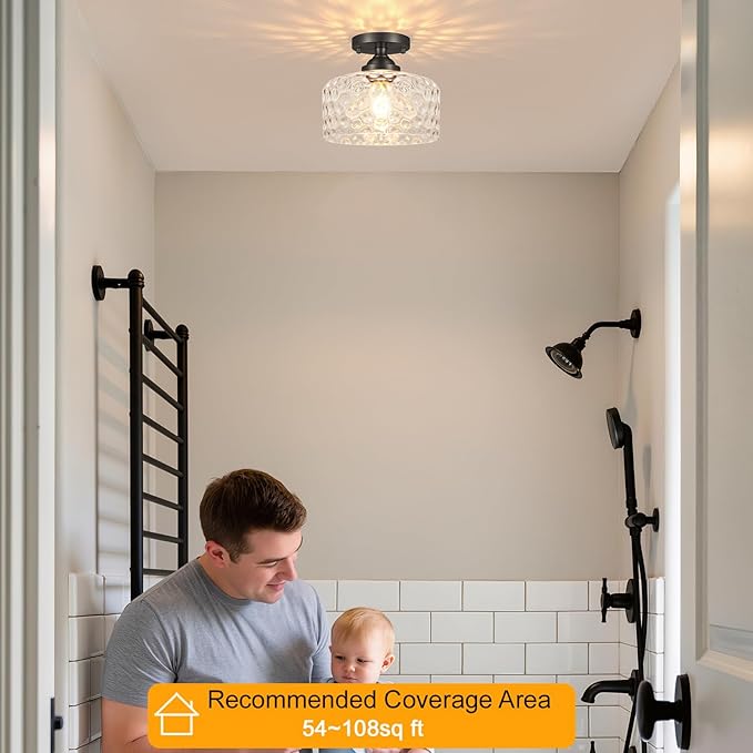 Daunton Small Semi Flush Mount Ceiling Light Fixture, Vintage Black Close to Ceiling Lighting with Hammered Glass Shade for Hallway, Kitchen, Entryway (Retro Design, Easy Install)