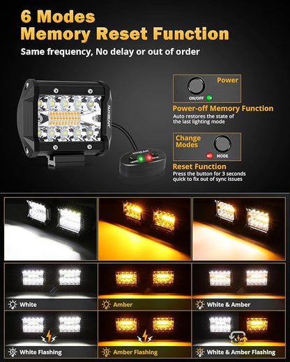 Auxbeam 6 Modes Amber White Series 4 Inch 120W Strobe LED Pod Lights Dual Color Auxiliary Offroad Light Bar Spot Flood Combo Flashing Fog Lights A-Pillar Bumper Grille Mount, Pair