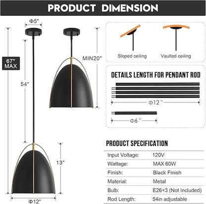Black Dome Pendant Light 3 Light Socket Large Pendant Light Fixture with Adjustable Pendant Rod 12in Black Gold Pendant Lighting for Kitchen Island Dining Room Kitchen Sink, E26
