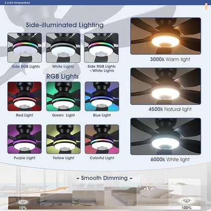 Kviflon 36" Ceiling Fans with RGB Lights Remote/APP Control, Small Ceiling Fan, 3 CCT Dimmable White Lights+RGB Ring Lights+Music Player, 5 Reversible Plastic Blades 6 Speeds for Kidsroom, Black