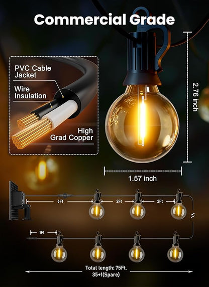 Brightown 75FT 36LED Solar String Lights Outdoor with Remote & USB Port, Shatterproof Bulbs, Dimmable & Timable, 3 Modes, Patio Lights Solar Powered with Mount Clips for Camping Backyard Garden Decor