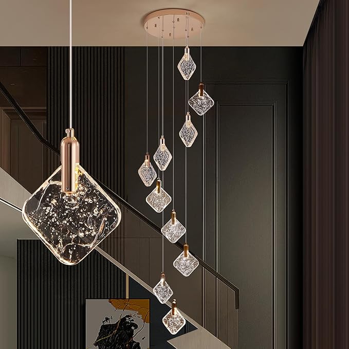 Staircase Crystal Chandelier 10-Light Pendant Light, Modern Square LED H118 High Hanging Ceiling Fixture with Gold Base for Living Room, Dining Room, Kitchen, and Hallway